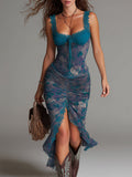 Abito Midi Floreale Blu con Rifiniture in Pizzo