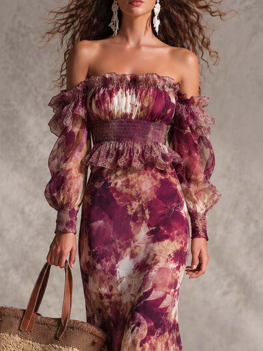 Abito Maxi in Chiffon Rosa con Spalle Scoperte