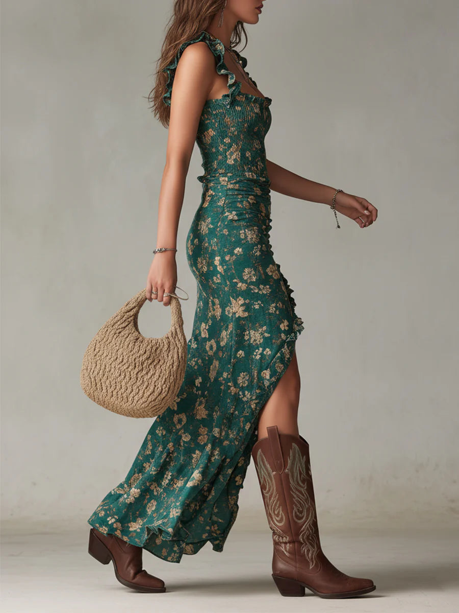 Abito Maxi Stampato Verde Bohemien con Maniche Ruffle