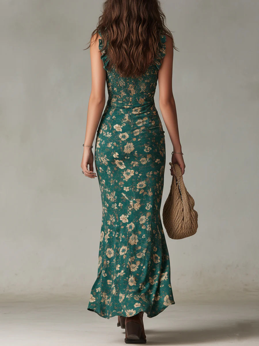 Abito Maxi Stampato Verde Bohemien con Maniche Ruffle