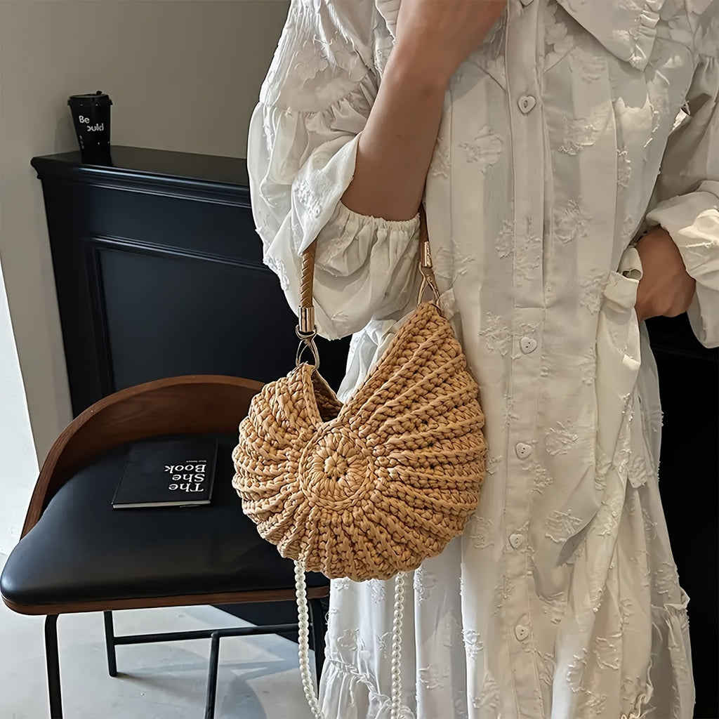 Bolso Beige de Paja Trenzada Floral Celeste