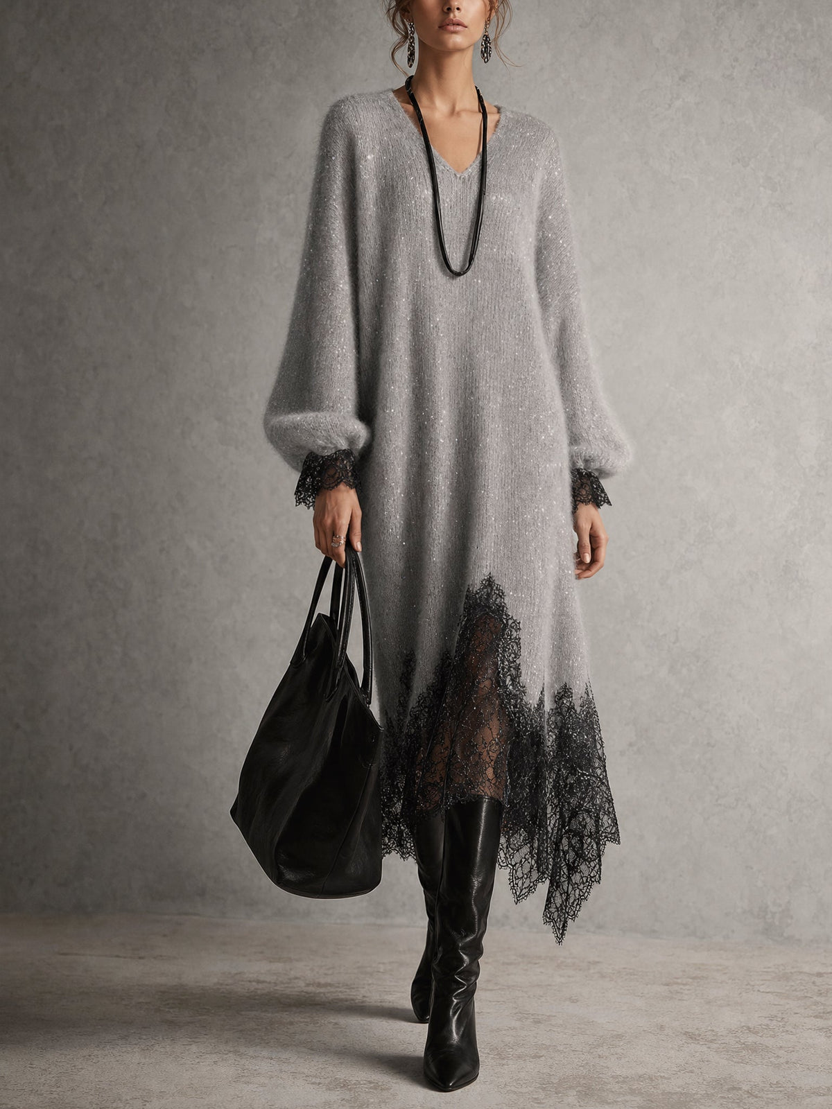 Vestido midi de punto con encaje bajo Franccesca