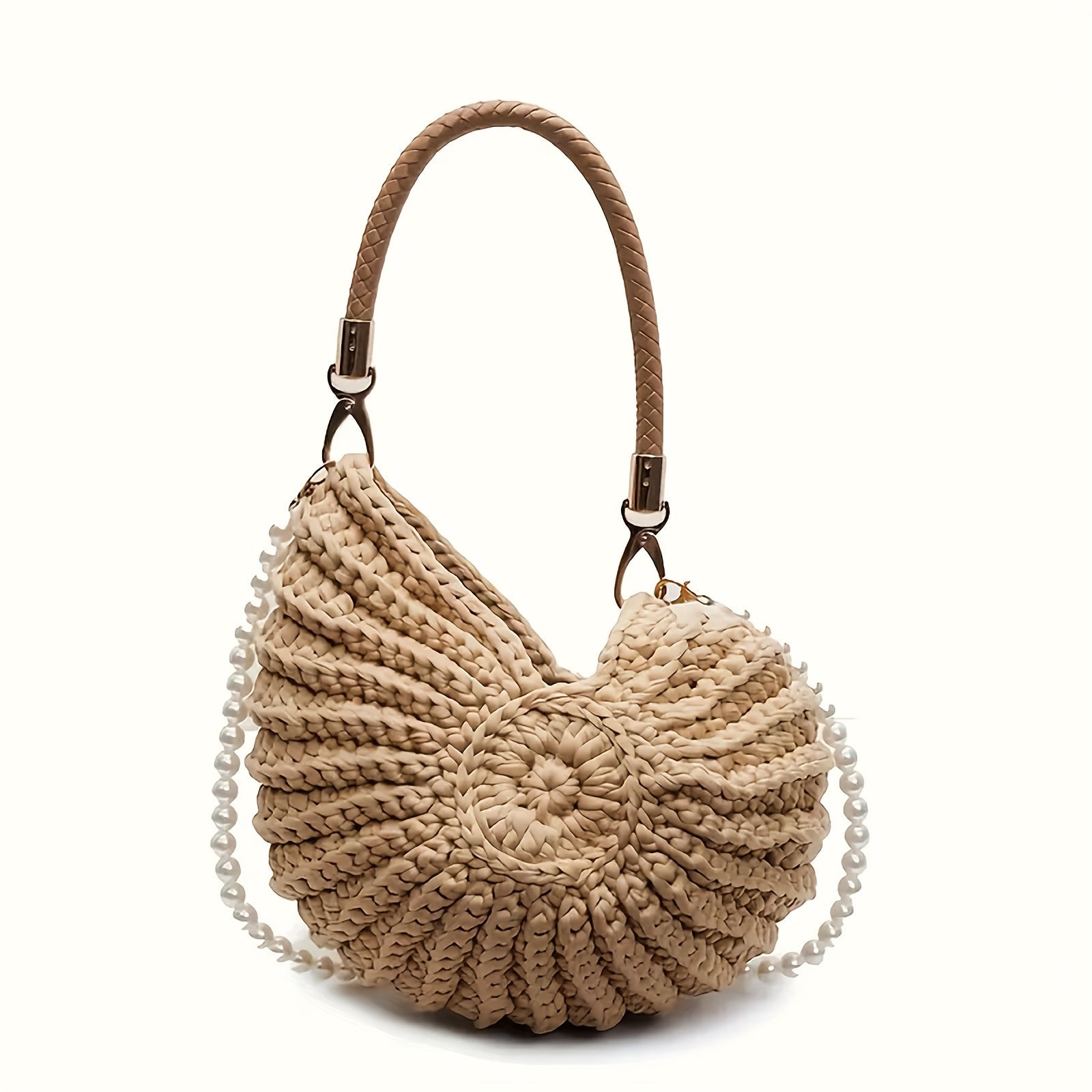 Bolso Beige de Paja Trenzada Floral Celeste