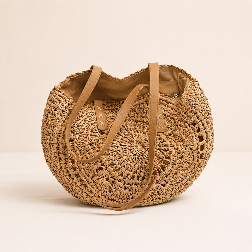 Bolso Marrón de Paja Trenzada Calado Loli