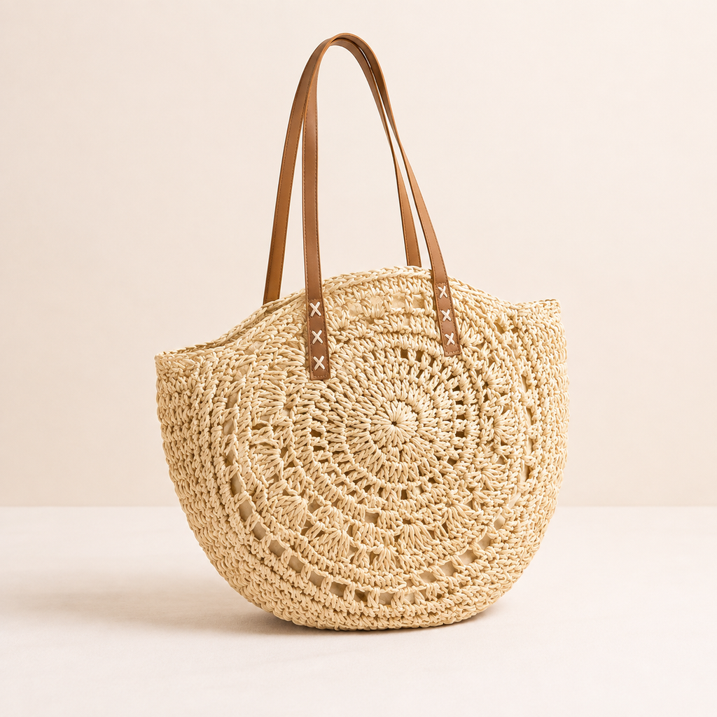 Bolso Redondo de Paja Trenzada Beige Ludovica
