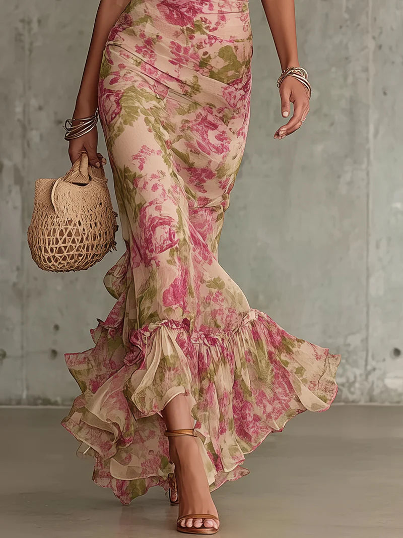 Abito Maxi con Stampa Rosa Vintage e Maniche a Sbuffo