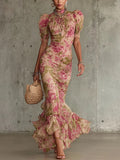 Abito Maxi con Stampa Rosa Vintage e Maniche a Sbuffo