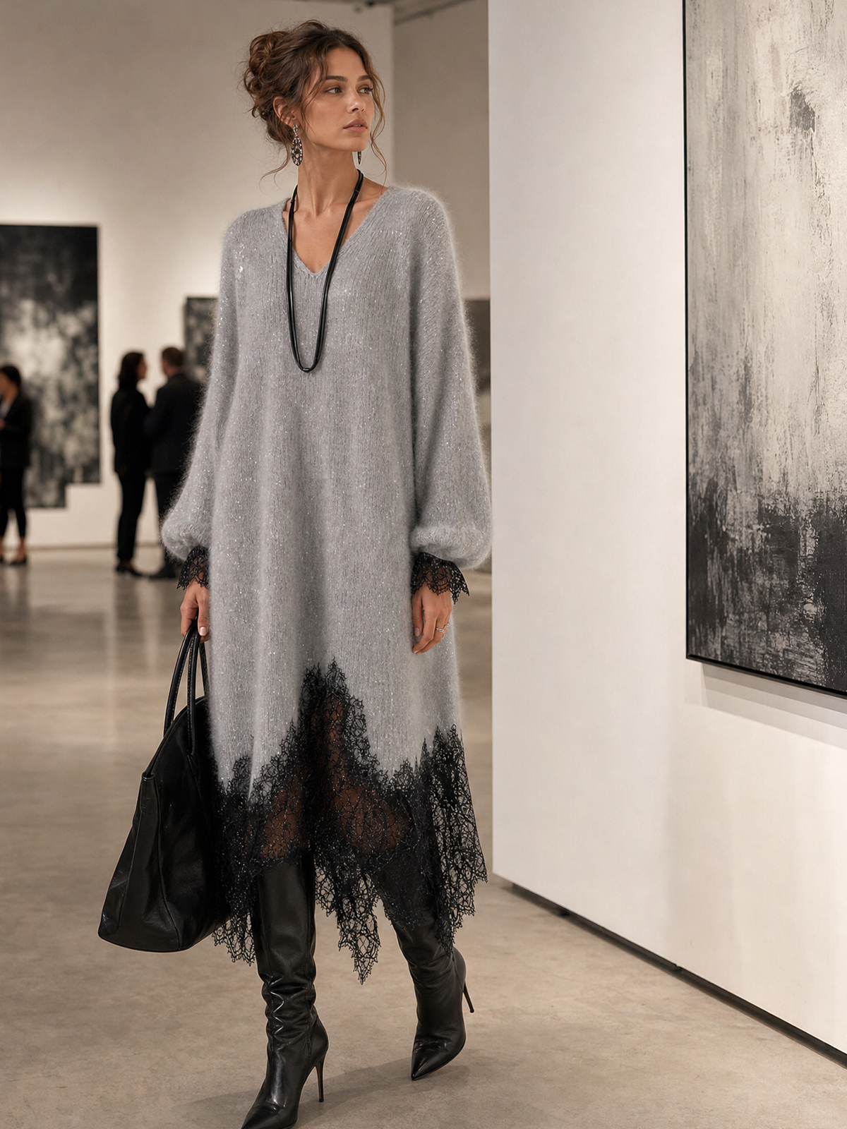 Vestido midi de punto con encaje bajo Franccesca