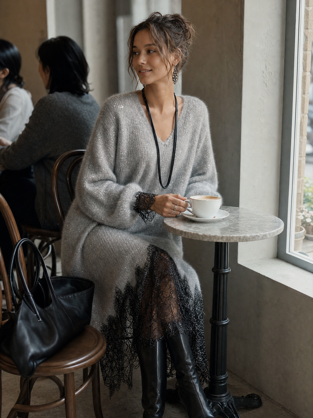 Vestido midi de punto con encaje bajo Franccesca
