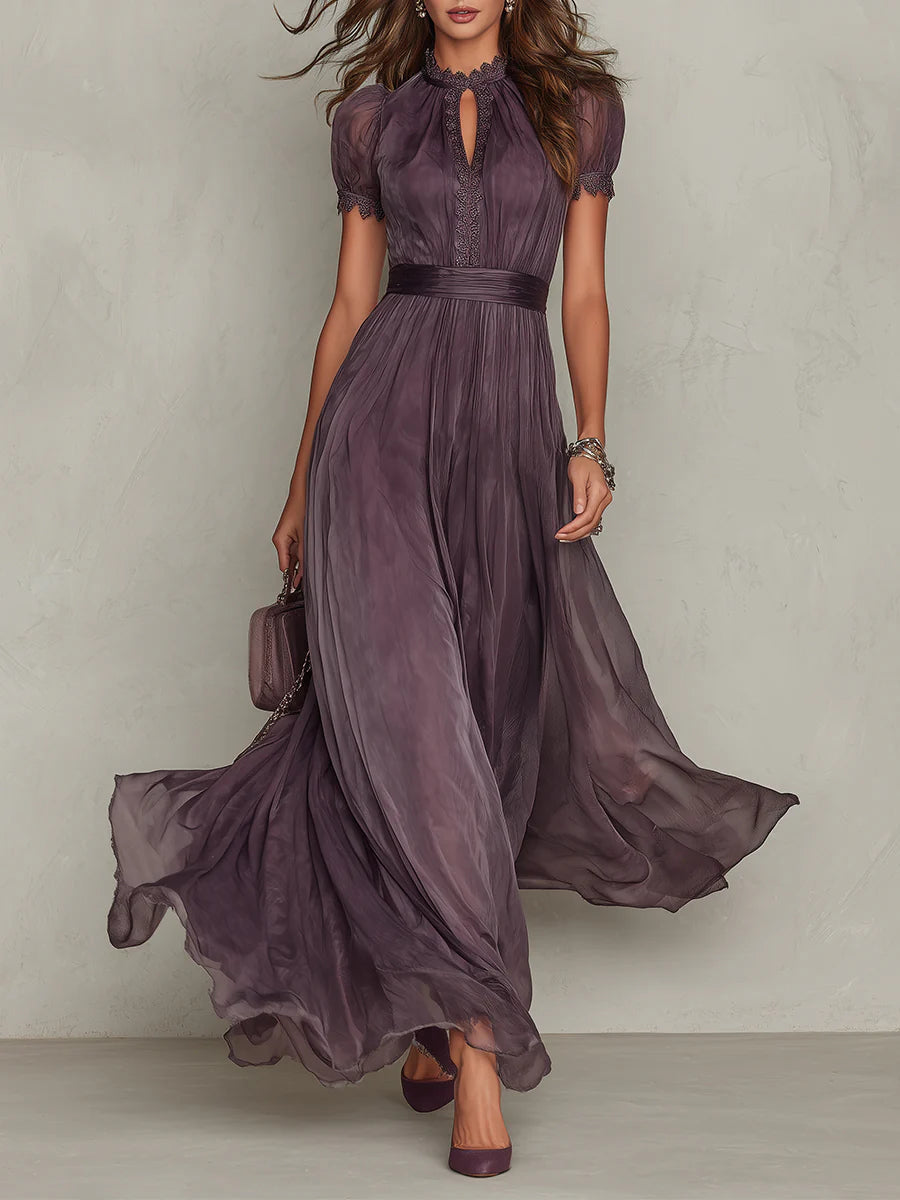 Abito Maxi in Chiffon con Collo a Fessura Viola