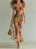 Abito Maxi in Chiffon Arancione Stampa ad Olio