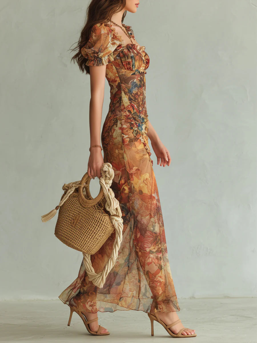 Abito Maxi in Chiffon Arancione Stampa ad Olio