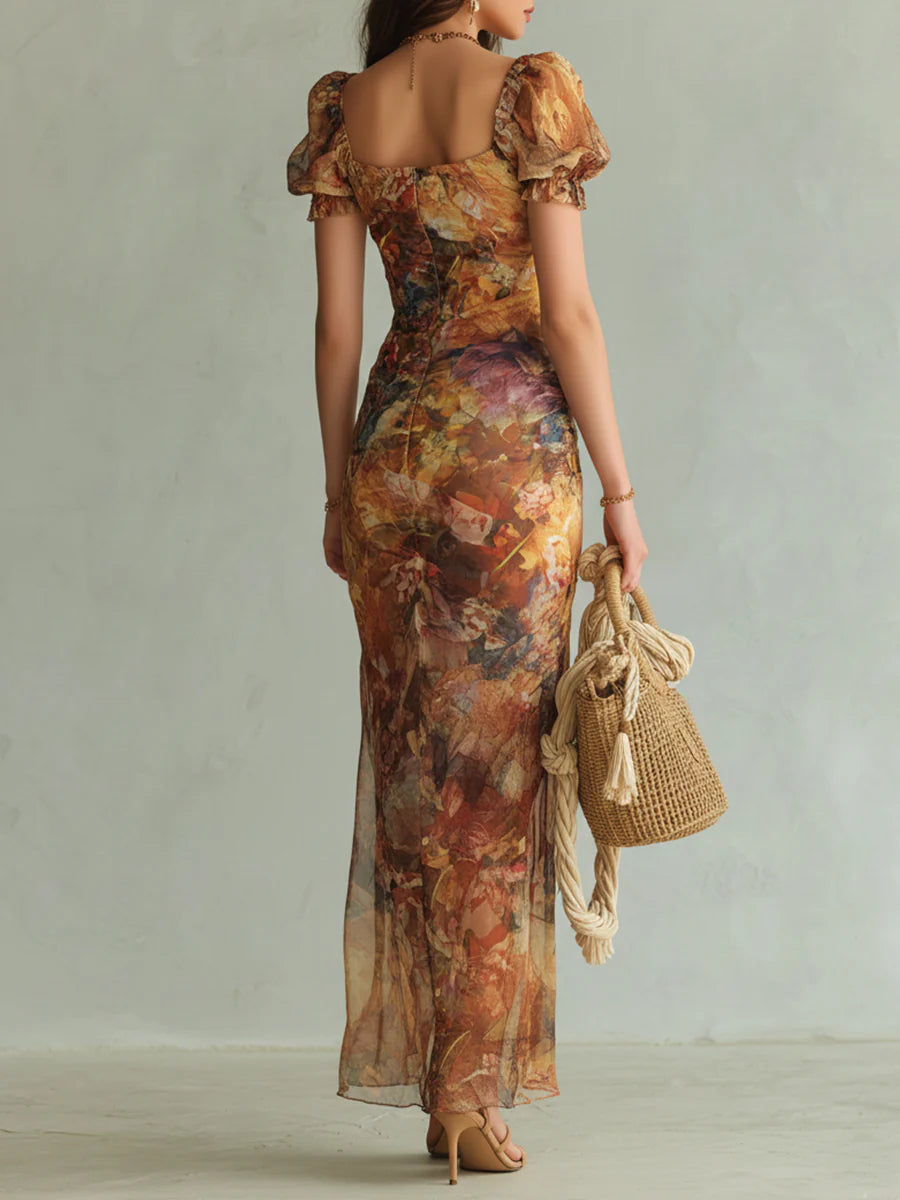 Abito Maxi in Chiffon Arancione Stampa ad Olio