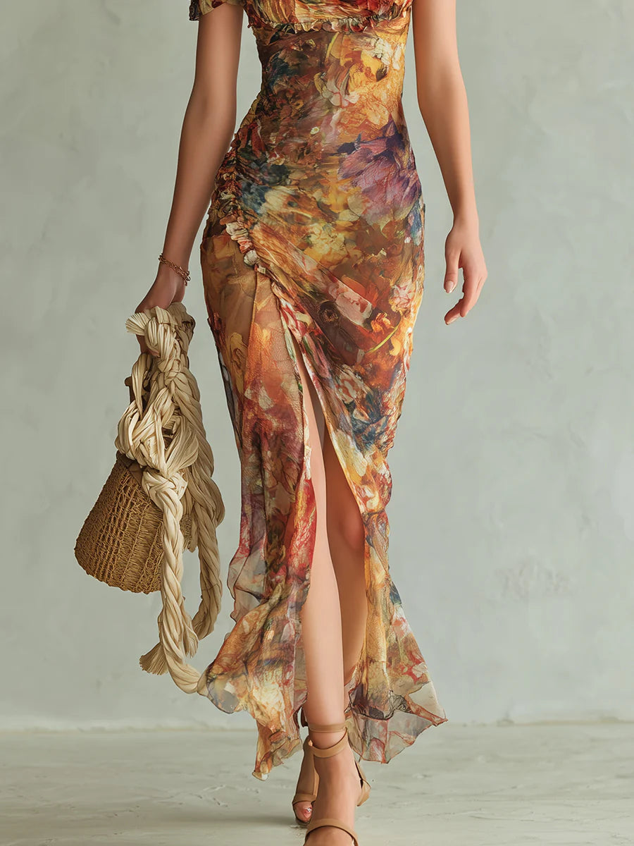 Abito Maxi in Chiffon Arancione Stampa ad Olio