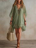 Abito Mini Fluttuante in Chiffon Verde con Scollo a V
