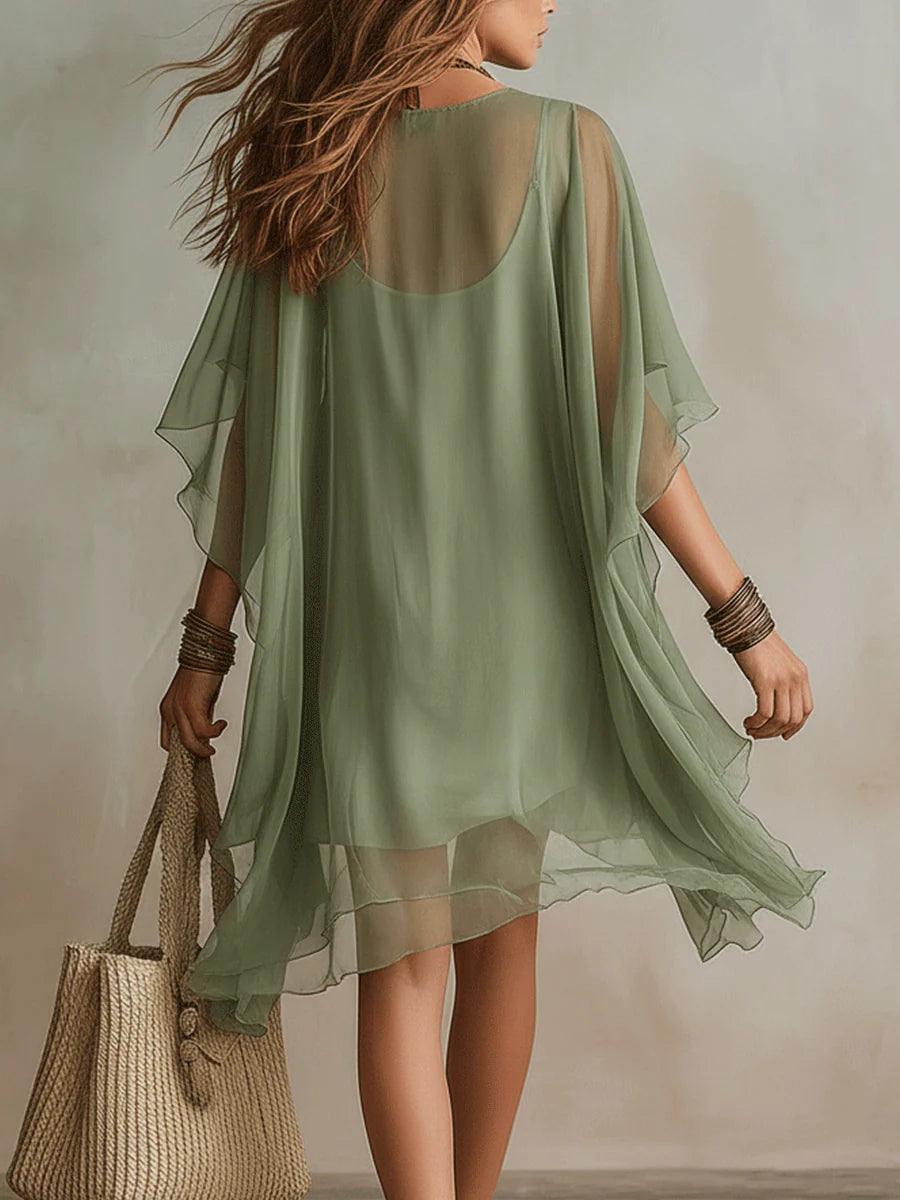 Abito Mini Fluttuante in Chiffon Verde con Scollo a V
