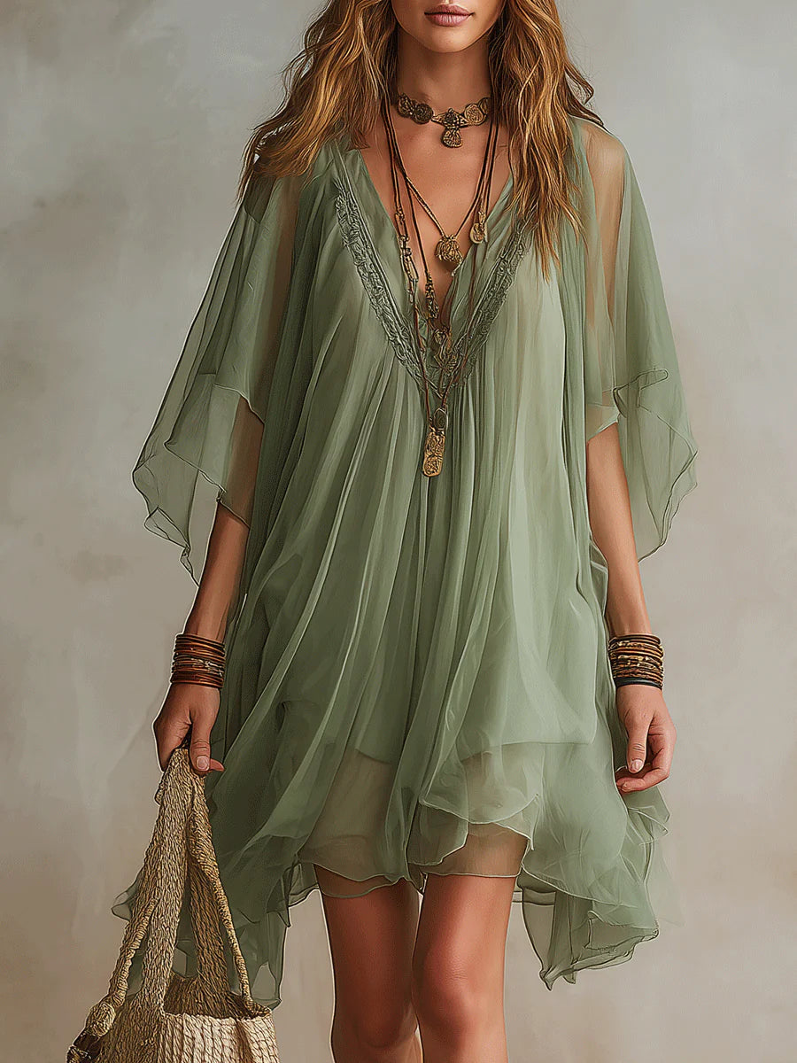 Abito Mini Fluttuante in Chiffon Verde con Scollo a V