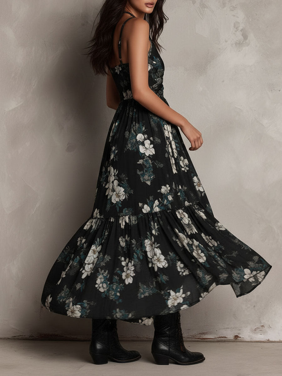 Abito Maxi Senza Spalline con Stampa Floreale Nera