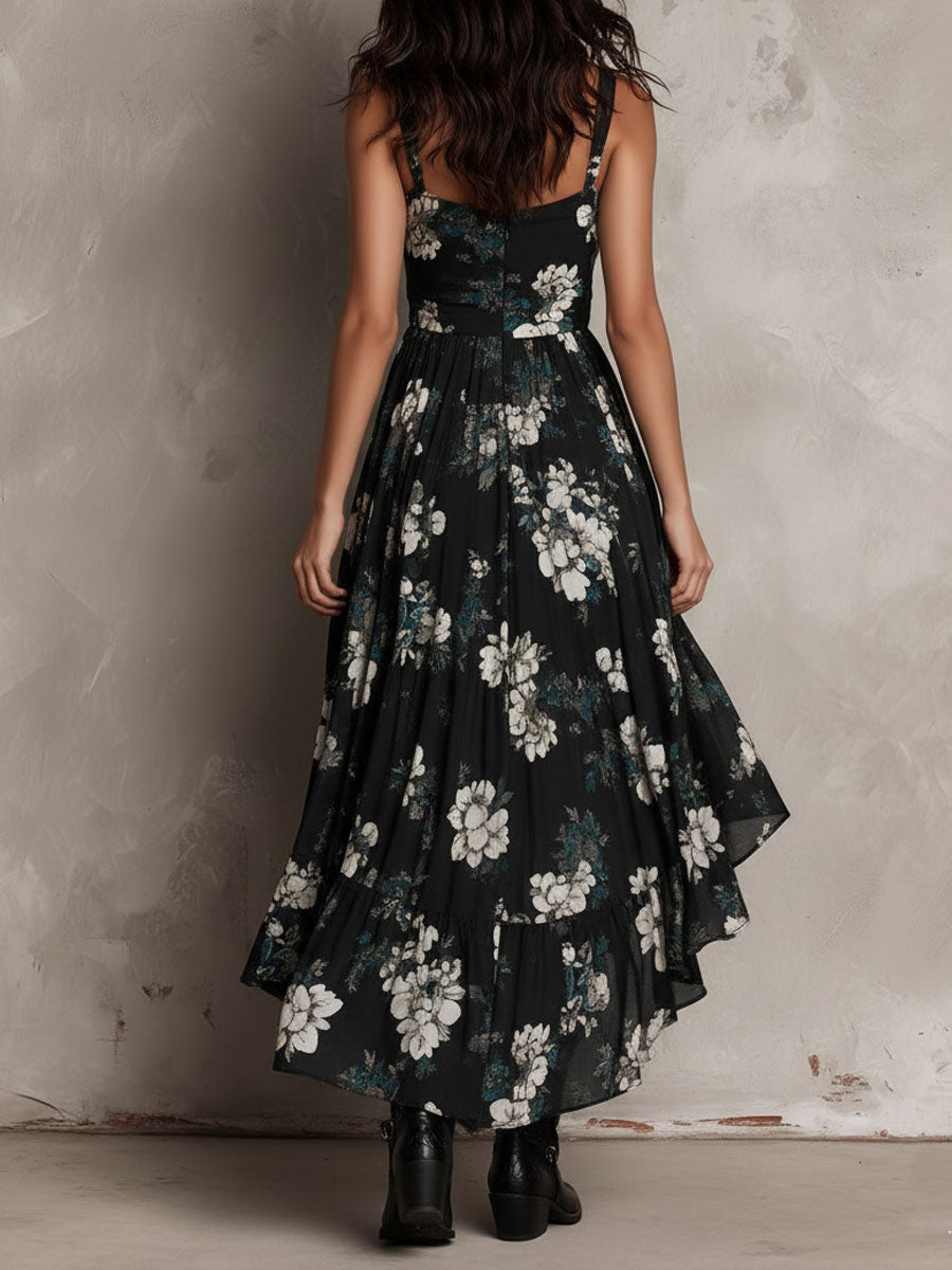 Abito Maxi Senza Spalline con Stampa Floreale Nera