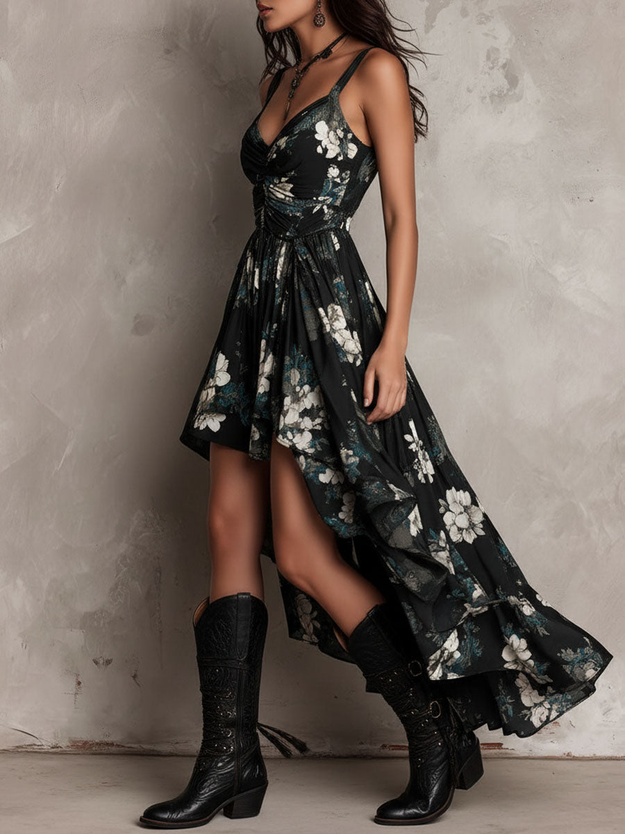 Abito Maxi Senza Spalline con Stampa Floreale Nera
