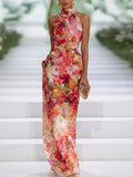 Abito Maxi in Chiffon Rosso con Scollo Halter