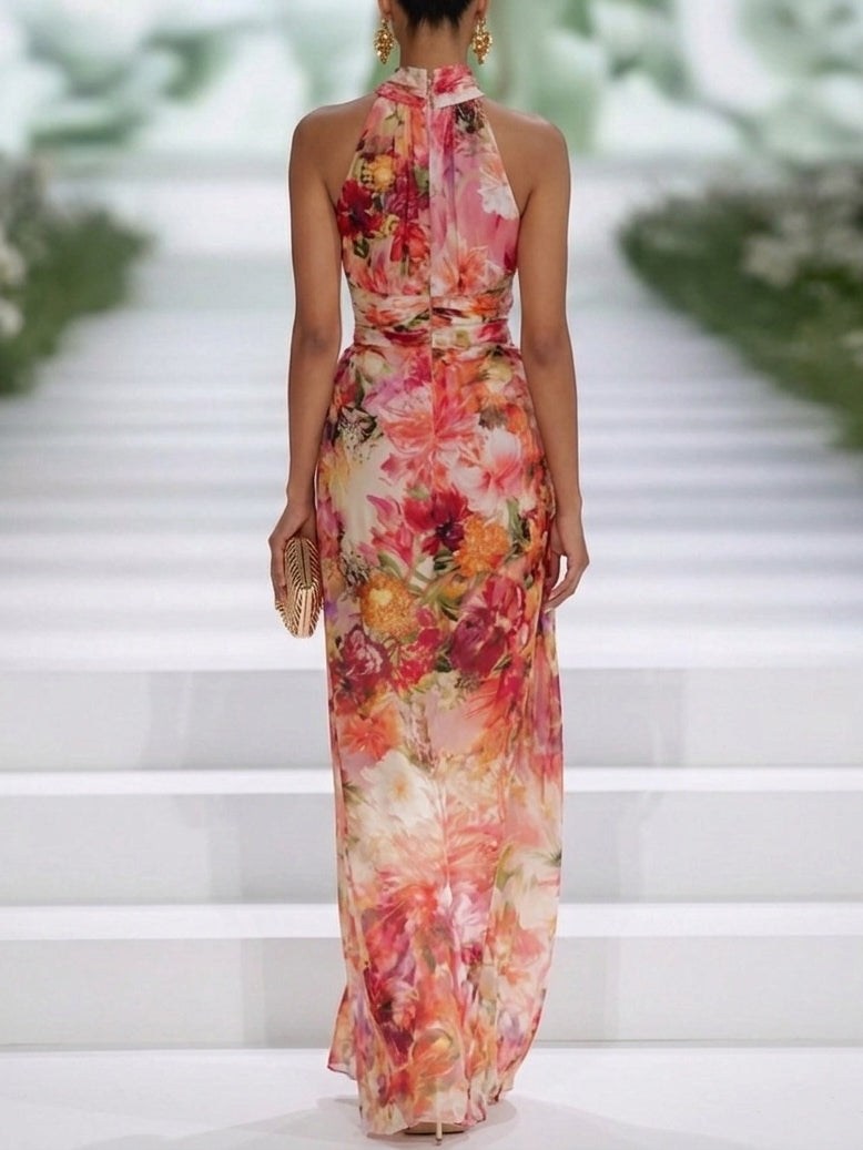 Abito Maxi in Chiffon Rosso con Scollo Halter