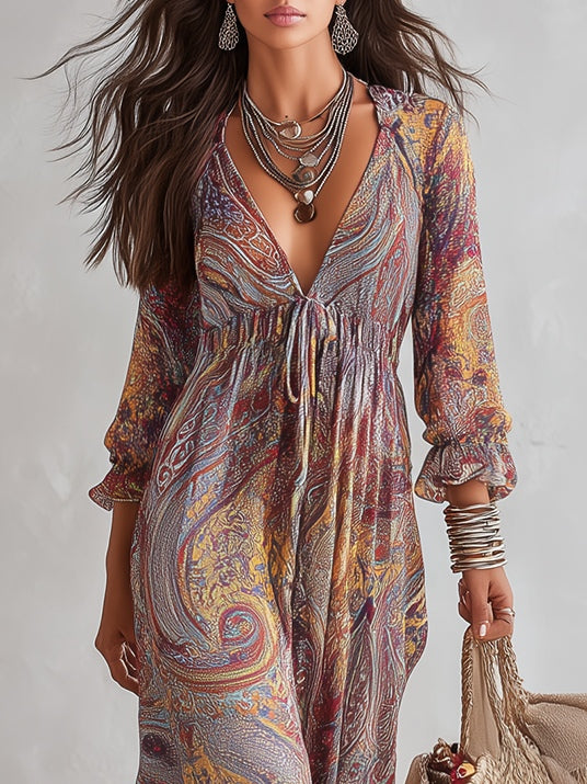 Abito Maxi in Chiffon con Stampa Paisley e Scollo a V