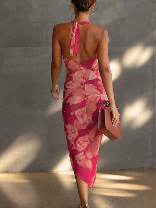 Abito Bodycon Senza Maniche con Stampa Floreale Fucsia