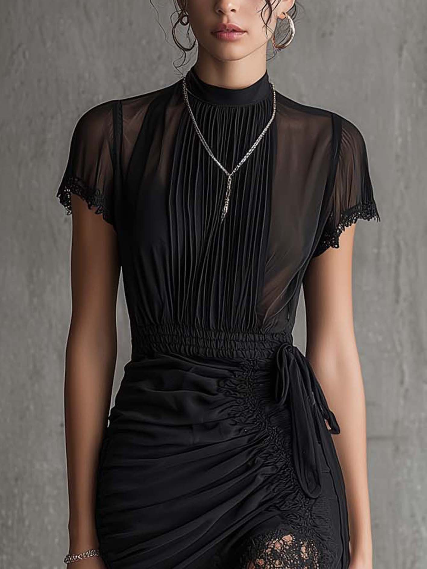 Abito Mini in Chiffon Nero con Vita Plissettata