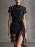 Abito Mini in Chiffon Nero con Vita Plissettata