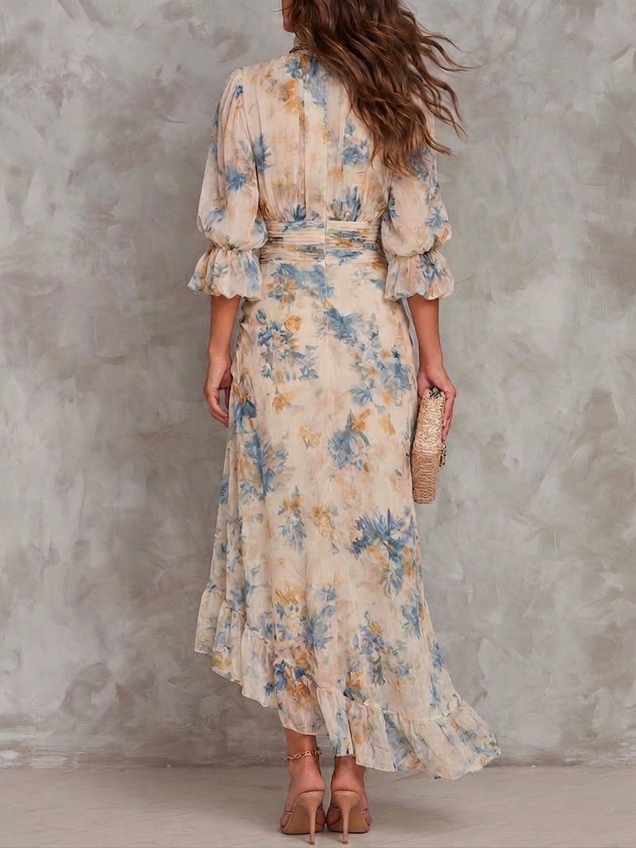 Abito Maxi in Chiffon Irregolare con Stampa Floreale