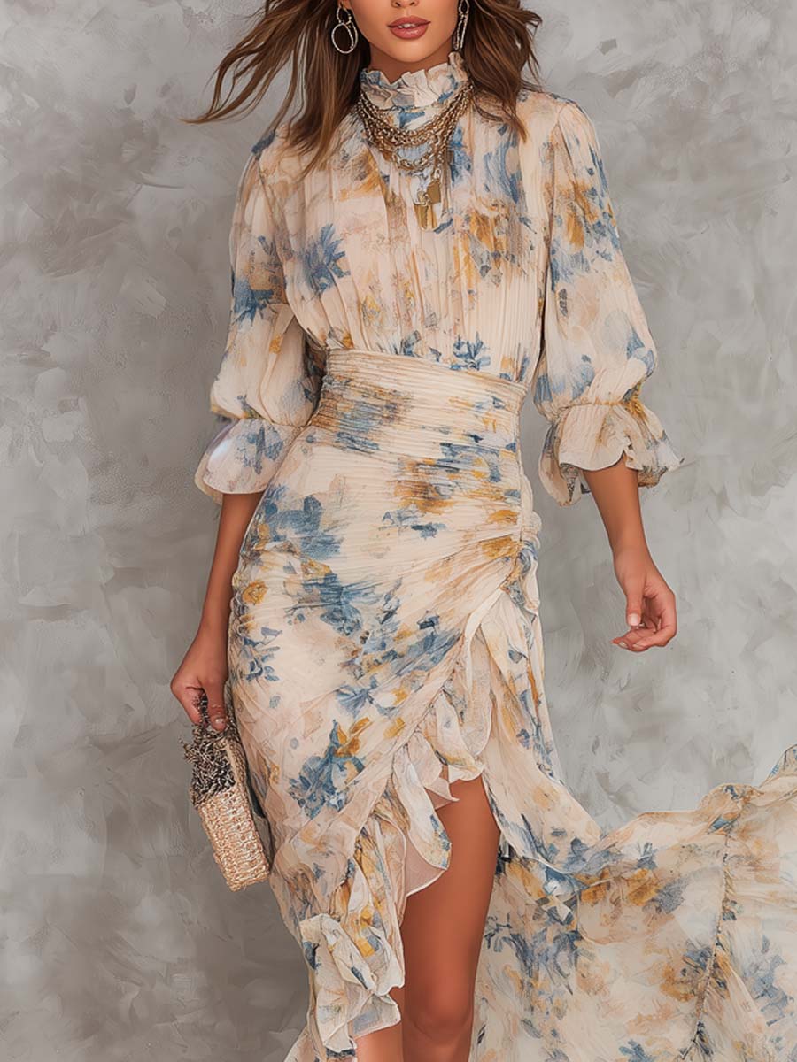 Abito Maxi in Chiffon Irregolare con Stampa Floreale