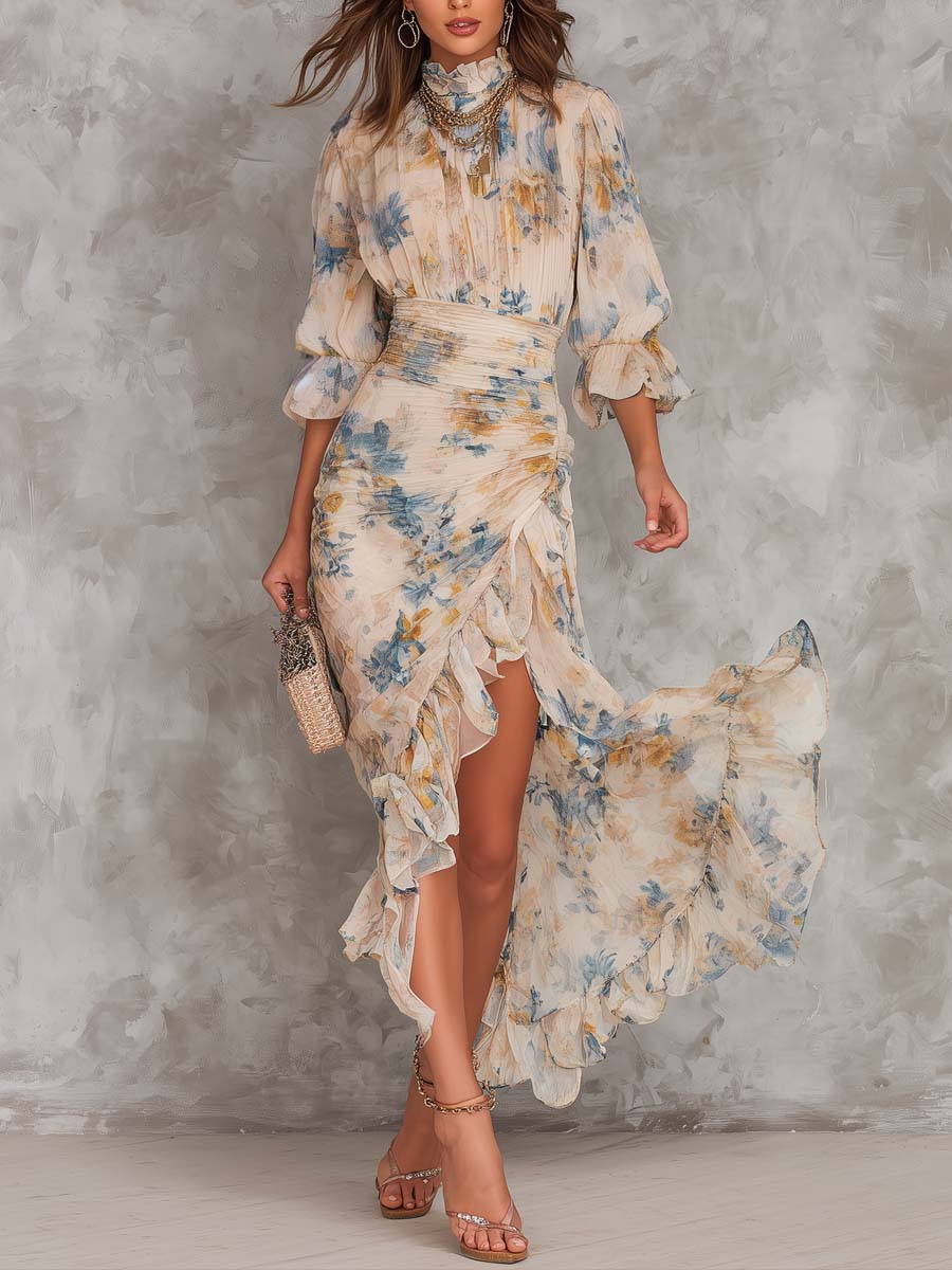 Abito Maxi in Chiffon Irregolare con Stampa Floreale