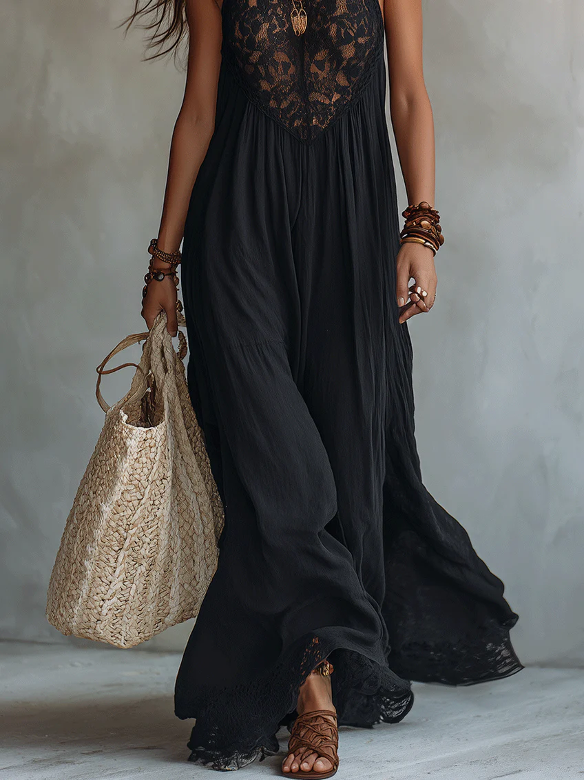 Abito Maxi Nero Senza Maniche con Pizzo Bohemien