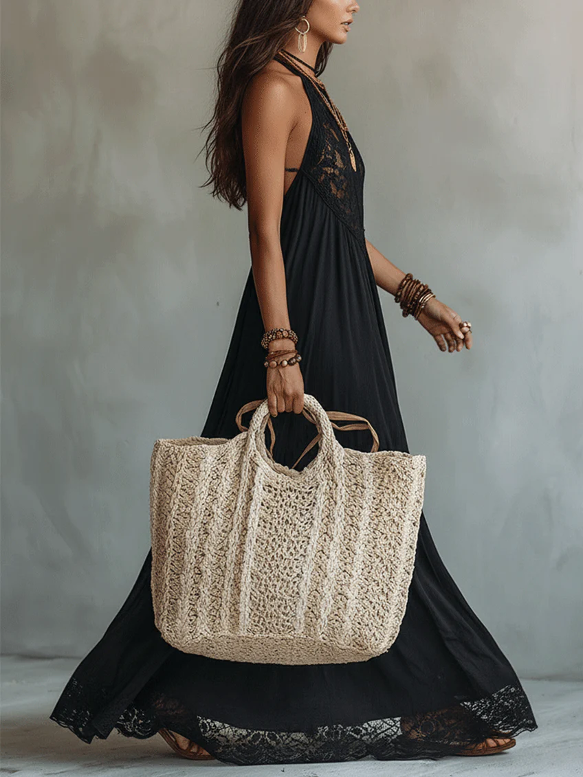 Abito Maxi Nero Senza Maniche con Pizzo Bohemien