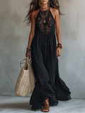 Abito Maxi Nero Senza Maniche con Pizzo Bohemien