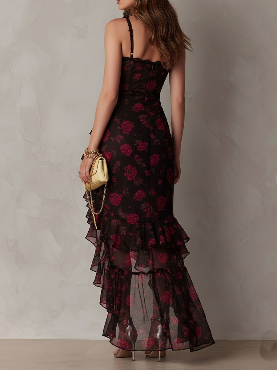 Abito Chic Nero e Rosso con Fiori e Rouches