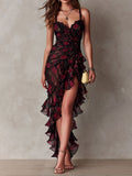 Abito Chic Nero e Rosso con Fiori e Rouches