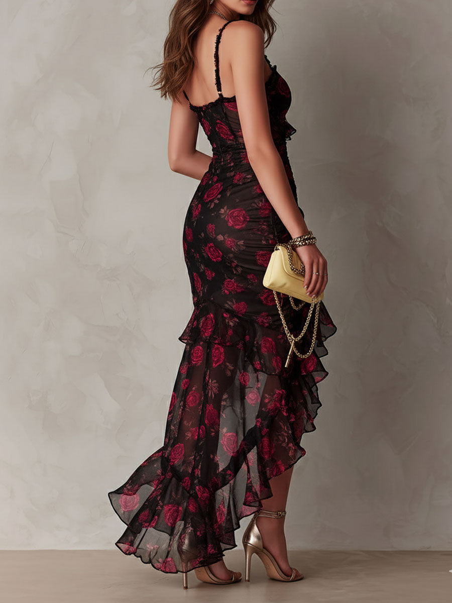 Abito Chic Nero e Rosso con Fiori e Rouches