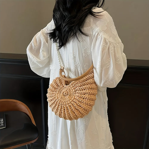 Bolso Beige de Paja Trenzada Floral Celeste
